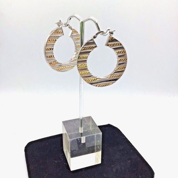 Sterling Silver Two Tone Textured Hoop Earrings 4.6g Polished Striped Design - Picture 2 of 14